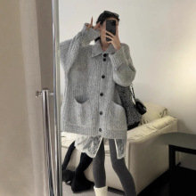 韩系穿搭慵懒风翻领毛衣秋冬新款高级感宽松软糯针织开衫上衣外套