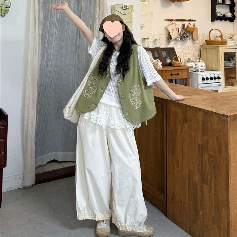 Plus-size women's clothing 150kg retro green vest layered with lace short-sleeve top and casual wide-leg pants three-piece set 24