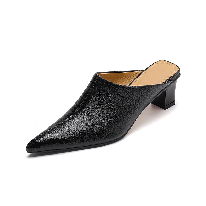 Dép mule nữ da cừu mũi nhọn cao gót 5 cm – sandal hè dáng suông — đen, vàng