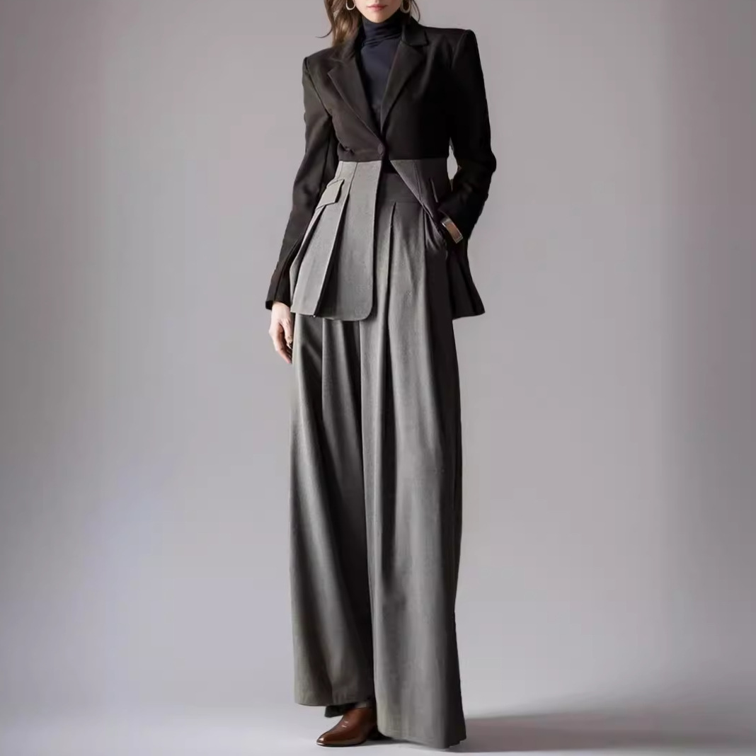 Women's Clothing commuting professional two piece suit for women, new spring style contrast color ruffled suit jacket, high waist straight pants suit_voghion.com