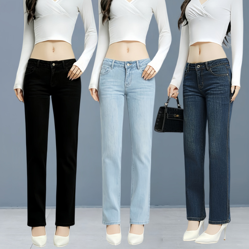 Low-waisted women's straight-leg cigarette jeans, loose-fitting, slimming, stretchy, versatile, sexy, cropped, low-rise women's jeans Low-waisted women's straight-leg cigarette jeans, loose-fitting, slimming, stretchy, versatile, sexy, cropped, low-rise women's jeans