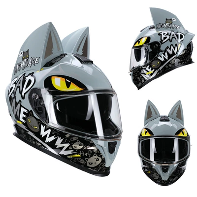 Certified Cat Ear Electric Motorcycle Motosiklet kaskı (dəbilqə) - gray-printed-cat-clear-lenses-s50-53cm