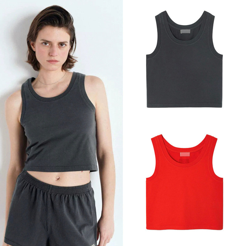Special Discount! Two-color American-style casual fleece-lined pure cotton short large round-neck tank top for women