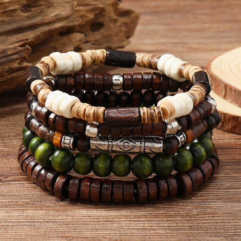 E-Commerce New Wooden Bead Handmade Beaded Bracelet Set, Personalized Ethnic Style Multi-Layer Elastic Cord Wooden Bead Bracelet Jewelry E-Commerce New Wooden Bead Handmade Beaded Bracelet Set, Personalized Ethnic Style Multi-Layer Elastic Cord Wooden Bead Bracelet Jewelry
