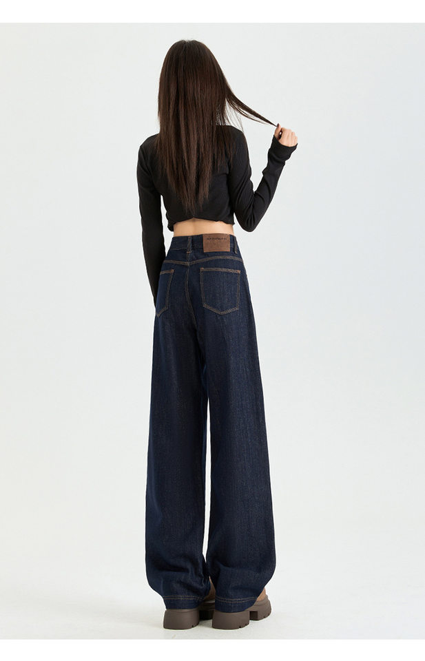 Quần jean nữ ống đứng cạp cao lót lông cừu màu xanh denim, form suông tôn dáng — Kiểu dài màu xanh đậm, Màu xanh đậm chín điểm, Màu xanh đậm kéo dài, Kiểu dài nhung dày màu xanh đậm chi tiết 22