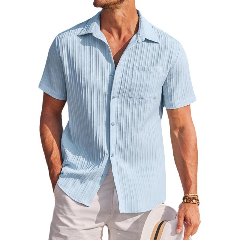 Verano 2024 Amazon transfronterizo nueva camisa de color sólido de textura de los hombres europeos y americanos manga corta casual Camisa suelta