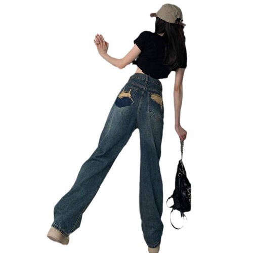 Narrow version wide-leg jeans for women's spring and autumn style  new style high-waist drag-feeling slimming contrast color small straight pants