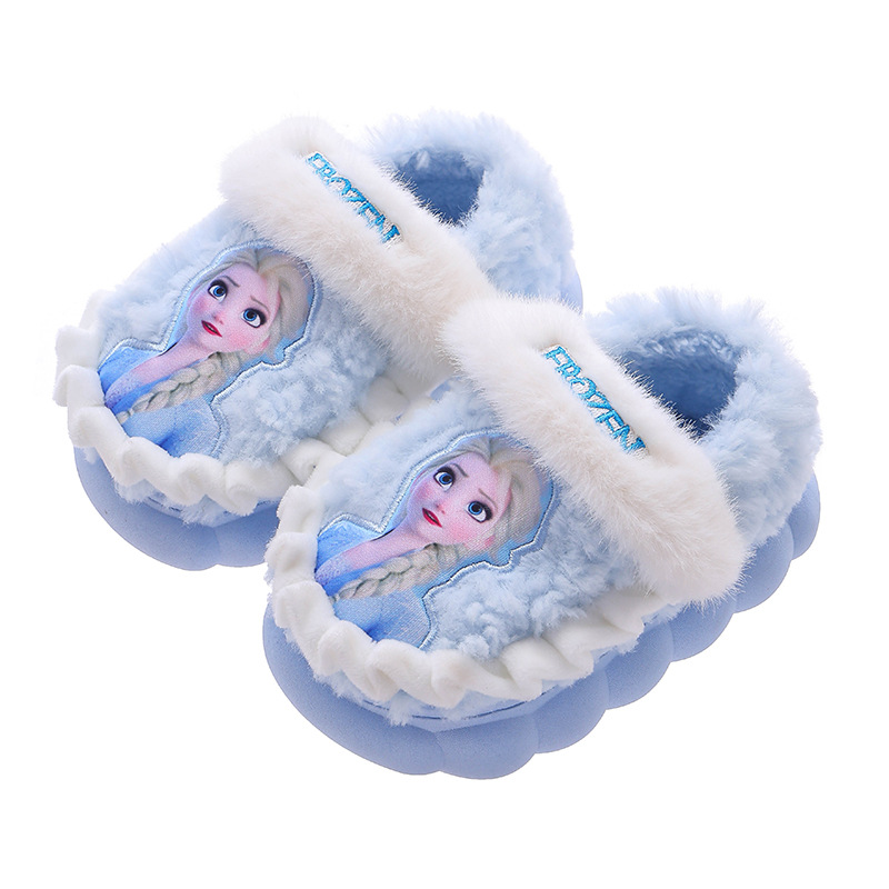 Princesa Elsa otoño y invierno bolsas de niños zapatos de tacones de algodón para niñas calentamiento y pelusa en casa zapatillas de algodón para niñas con suela gruesa