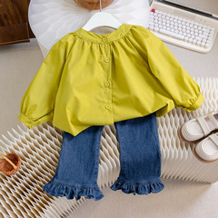 女童韓版春秋款套裝女寶寶可愛公主風娃娃衫休閒洋氣喇叭牛仔褲潮