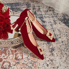 高跟婚鞋女2025新款绑带串珠新娘敬酒秀禾婚纱两穿不累脚女鞋法式
