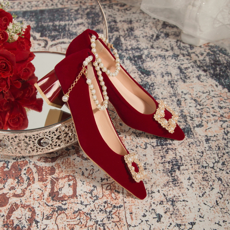 高跟婚鞋女2025新款绑带串珠新娘敬酒秀禾婚纱两穿不累脚女鞋法式