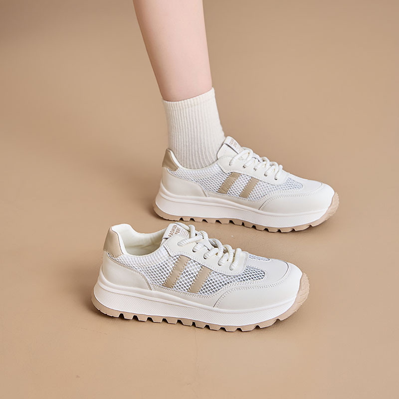 Genuine Leather Women's Shoes 2026 Spring Round Toe Lace-Up Casual Shoes Ultra-Light Sports Shoes Women's Running Shoes Hiking Walking Shoes