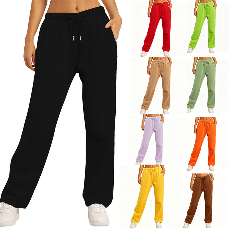 Cross-Border European Size Women's Long Pants, Sports Pants, Autumn and Winter Fleece Wide-Leg Pants, Casual Straight-Leg Pants, Loose Drawstring Wide-Leg Pants