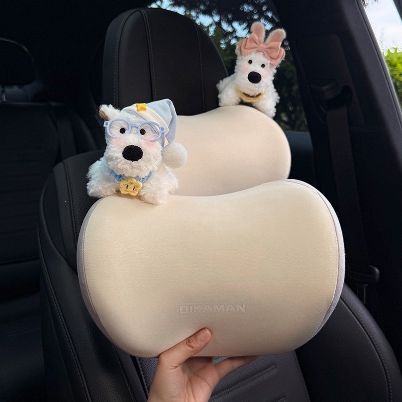 2026 New Model Car Headrest Memory Foam Car Seat Neck Pillow West Highland Plush Toy Car Accessory for Women