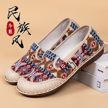 新款老北京布鞋女亞麻透氣淺口軟底一腳蹬中老年媽媽鞋民族風單鞋