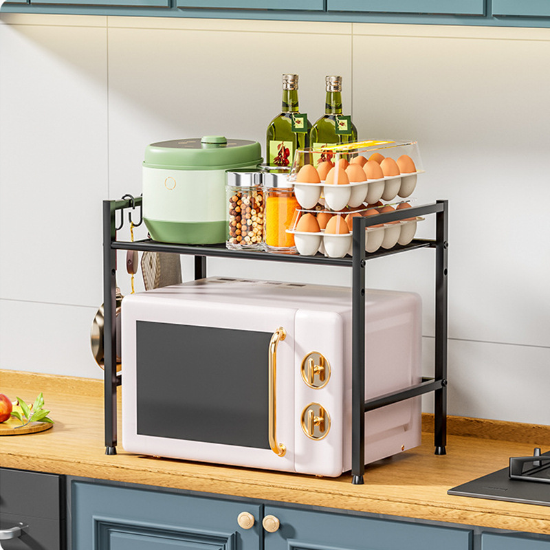 Cocina transfronteriza estante de doble capa negro gabinete de cocina estante de almacenamiento en capas superior e inferior estante de microondas de escritorio con gancho