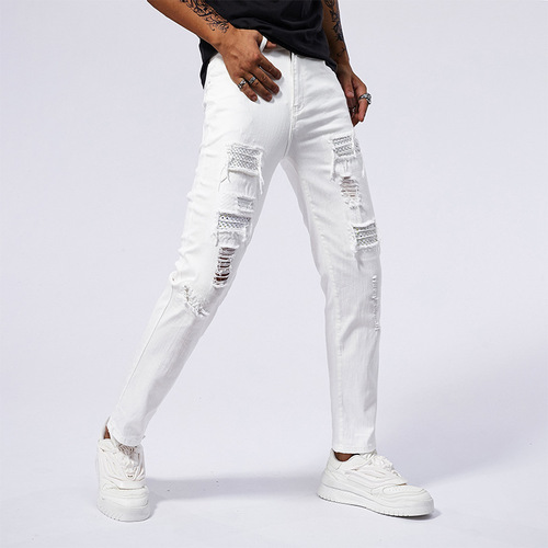 White Ripped Denim with Beads Men's Jeans, Patched and Frayed Fashion Slim Straight Leg Slimming Jeans for Men