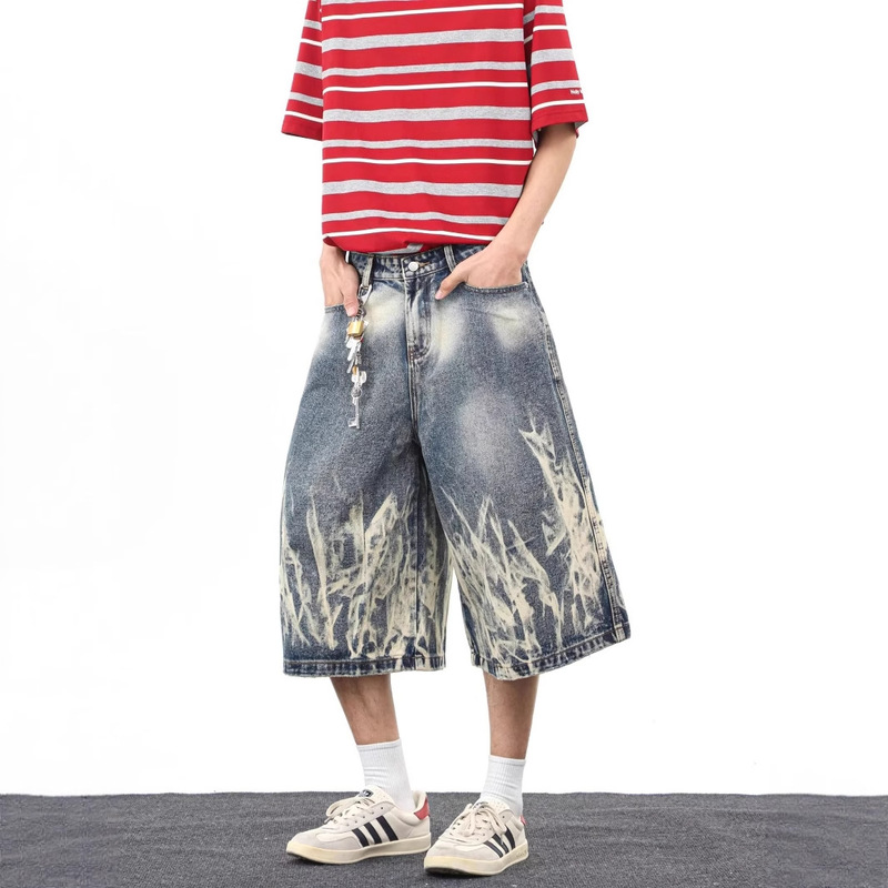 American Retro Washed Lightning Pattern Cropped Denim Shorts for Men and Women in Summer Over-The-Knee Loose Casual Wide-Leg Mid-Pants