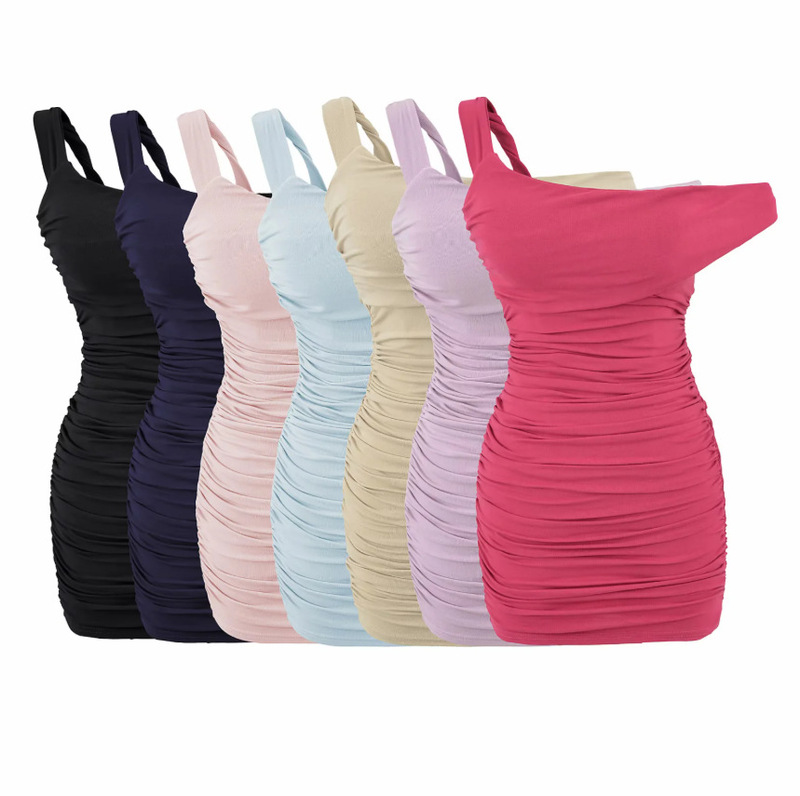 Ruched Irregular Dress for Women 2026 Summer New American Hot Girl Style Solid Color with Chest Pads Slim Fit Bodycon Dress