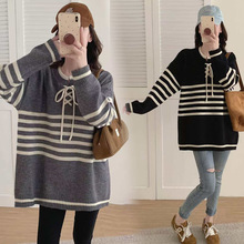 孕妇装秋冬季毛衣时尚新款韩版宽松百搭条纹系带加厚圆领针织上衣