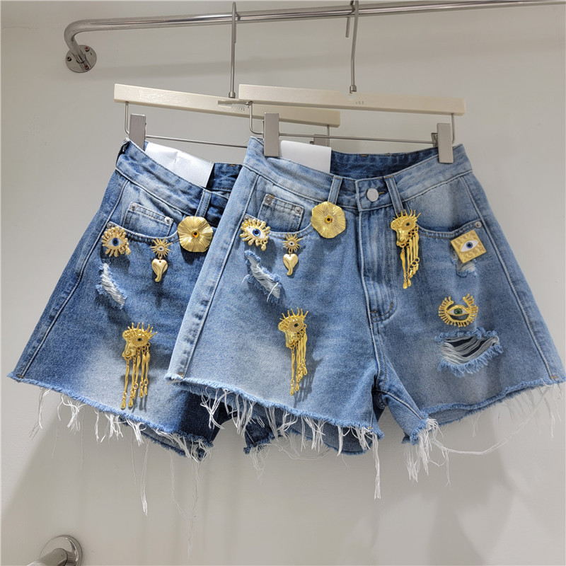 Pantalón Corto de Mezclilla para Mujer, Denim, Hebilla de Metal, Detalle Desgastado, Cintura Alta, para Uso Casual