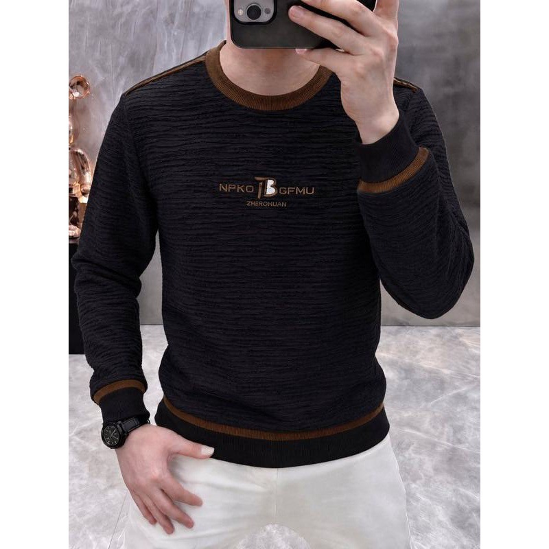 High-end trendy brand men's crew neck sweatshirt, long-sleeved, spring/autumn style, slim fit, fashionable letter print pullover base sweatshirt