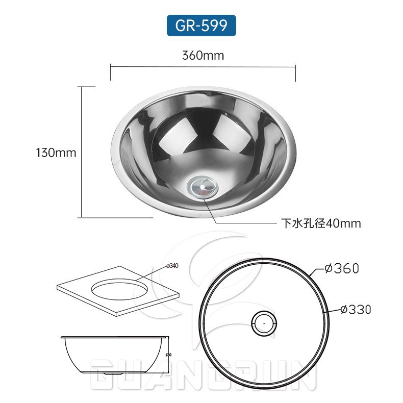 Fregadero Individual Redondo de Acero Inoxidable GR-599 para Cocina y RV