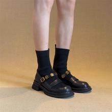 学院风厚底金属扣弹力短靴女2025秋冬复古针织瘦瘦靴百搭黑色袜靴