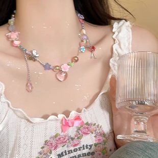 Cute Sweet Girl Color Beaded Candy Necklace Female Niche Design Sense Necklace Dopamine Sweet Cool Spice Girl Clavicle Chain