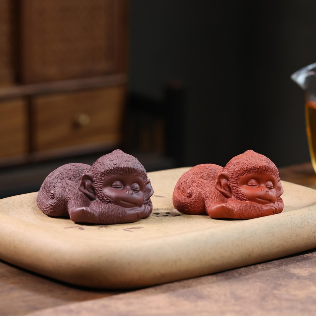 紫砂好梦连连茶宠精品猴子盖置笔架可养茶宠精品灵猴禅意茶道摆件