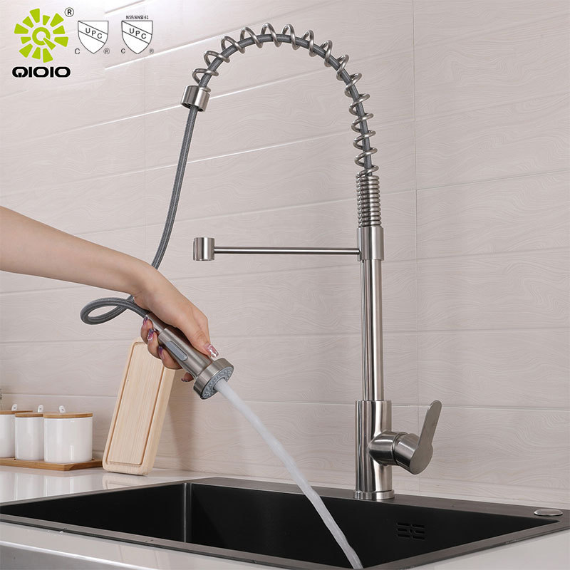 cUPC hot sale 304 stainless steel deck mount elastic spring pull type hot and cold kitchen faucet