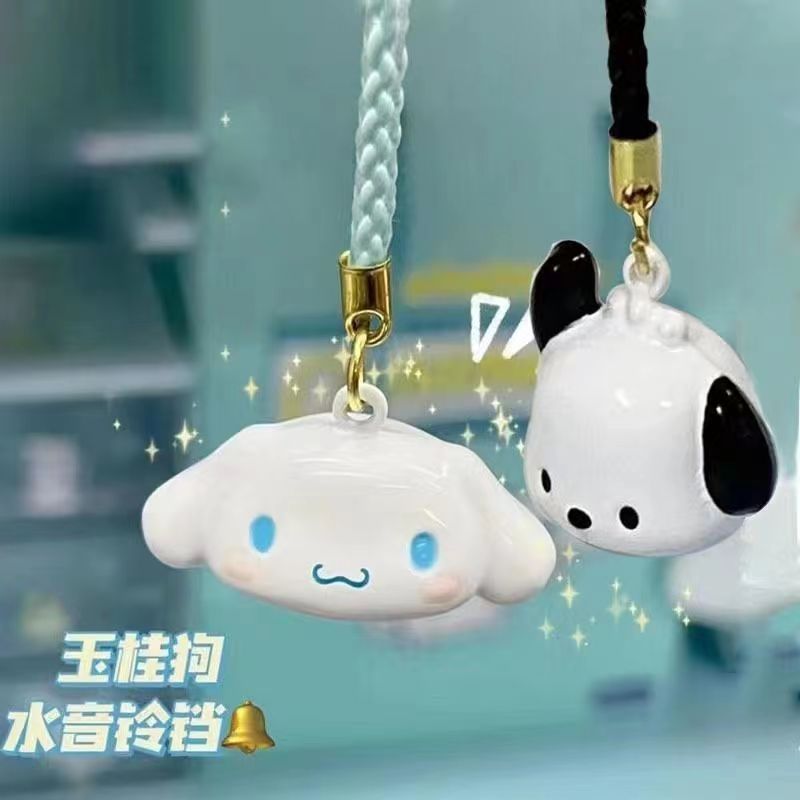 Sanrio's Cinnamon Dog, Patchwerk Dog, Hello Kitty, Pudding Dog, and cute water bell charms for cell phones and bags.
