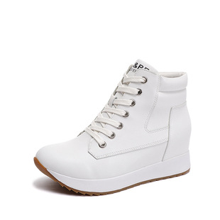 2024 Spring and Autumn New High-Top Shoes for Women Genuine Leather 7cm Inner Heightening Sports Casual Shoes Wedge Short Boots Small Size