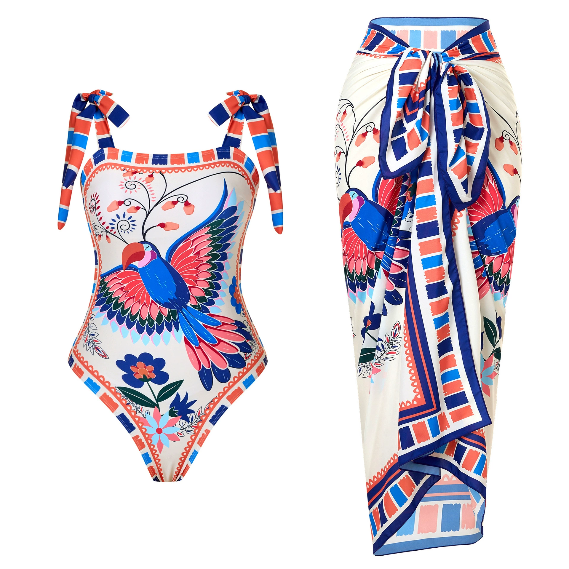 One-Piece Swimsuit (Qiao Jiayuan) 2025 Retro Style with Wrap Skirt, Crane Print, S–XL & One Size