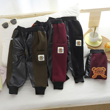 罩裤新款儿童裤子宝宝尿不湿罩裤秋冬天男童女童开裆童裤PU皮裤