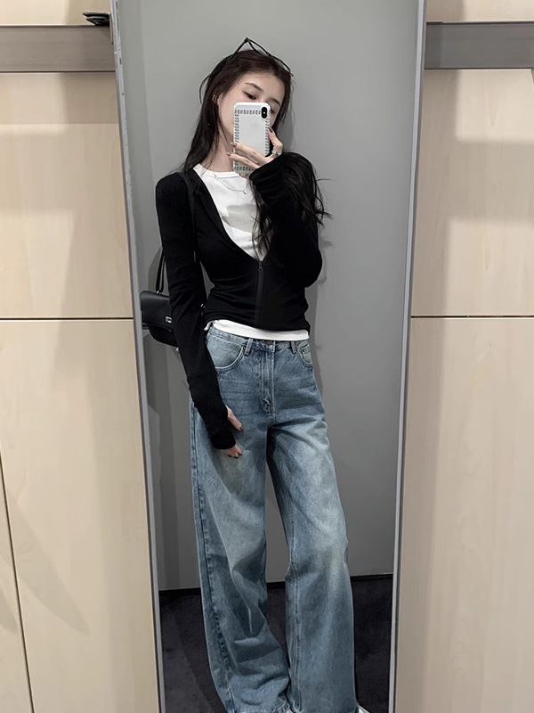 独特假两件上衣早秋冬季撞色辣妹长袖T恤女拉链款小众设计打底衫|undefined