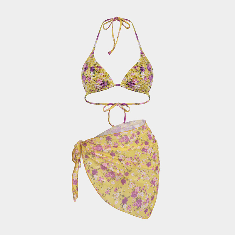 36g Weight Sleeveless Sleeve Length Polyester Fabric Type 3 Pieces Set Quantity Beach, Swimming Occasion Halter Neck Neckline Slim Fit Type Ditsy Floral Pattern Women's Gender Sexy Style Women's Sexy Ditsy Floral 3 Pieces Set Bikinis Swimwear 20