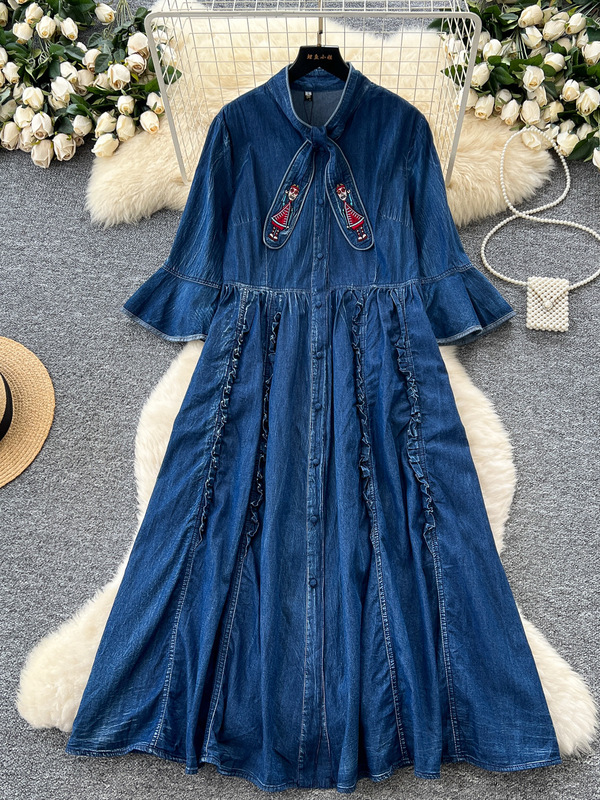 Vintage Artistic Heavy Embroidery Tie Neck Flared Sleeve Loose Dress for Women, Autumn Loose Slimming Denim Long Dress