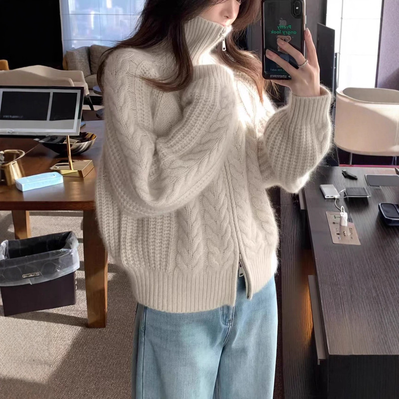 Manufacturer Wholesale Heavy Thickened 100% Wool Sweater with Twisted Pattern, Zipper Cardigan, High-Neck Warm Knitted Cashmere Wool Sweater