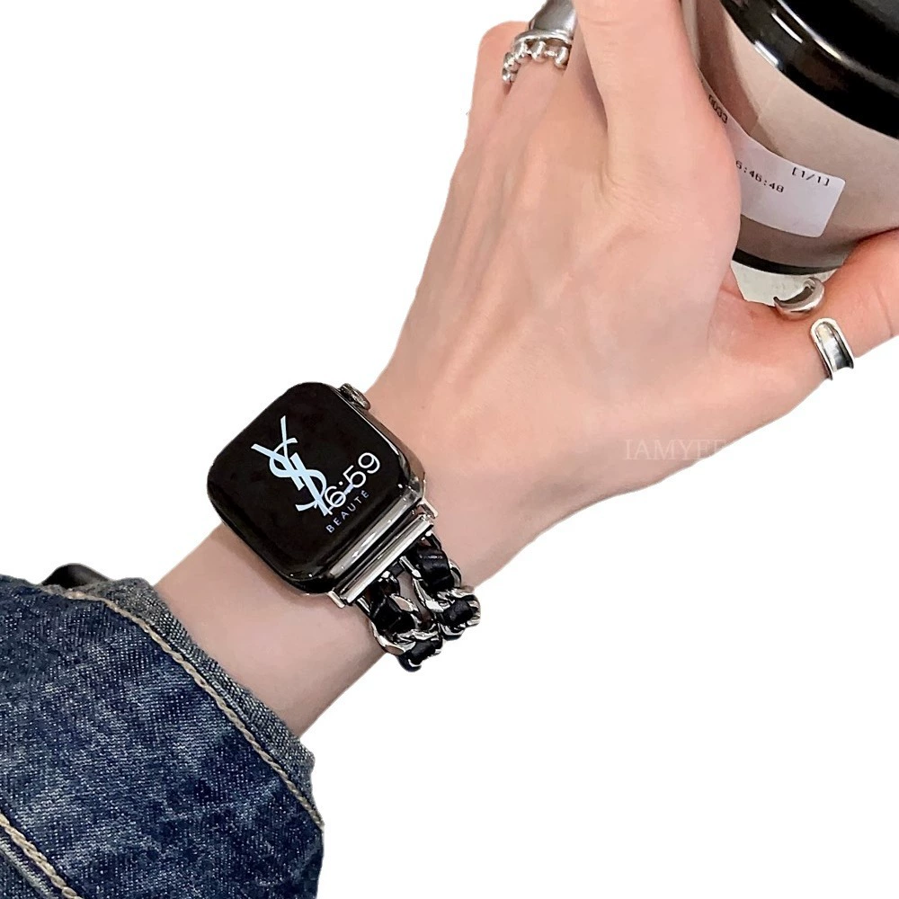 Стильный двурядный браслет из смешанной кожи с цепью для Apple Watch - универсционный металлический дизайн цепи