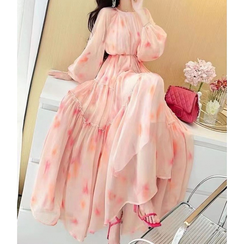 Chiffon Floral Printed Dress Women Holiday Crew Neck Lantern Sleeve Long  Dress | eBay