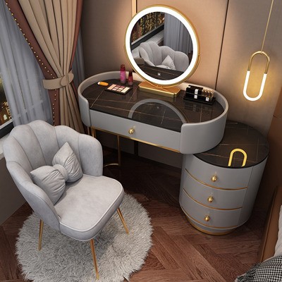 80 검정색과 회색 테이블 + 원형 캐비닛 + 거울 + 꽃잎 의자 회색 TLMS 원형 스타일