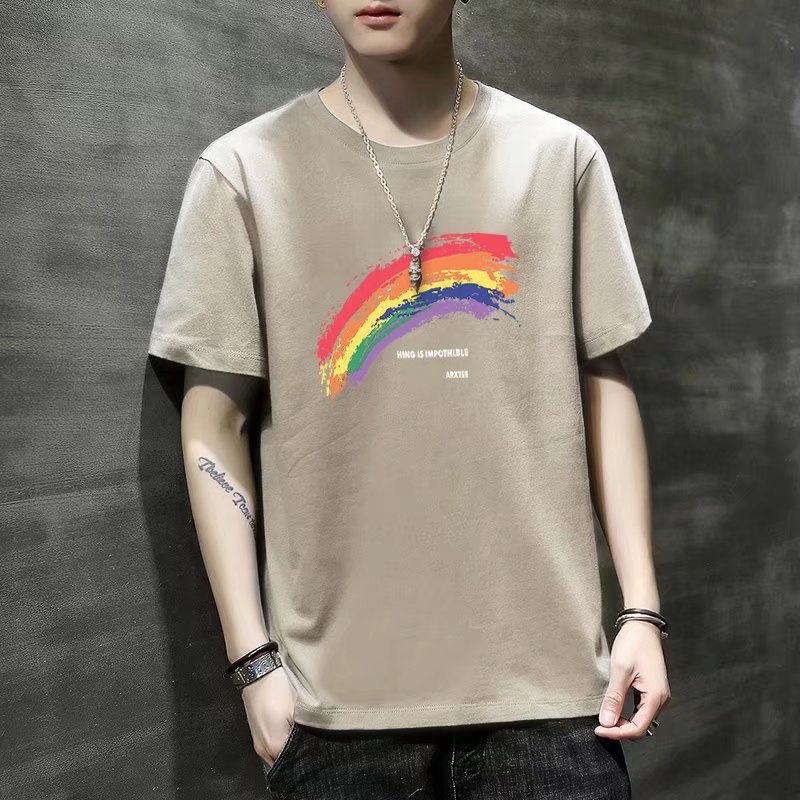 Todo fósforo Wukong está en stock marca de moda estilo de Hong Kong estampado de arco iris manga corta hombre hip-hop calle suelta ins pareja camiseta top