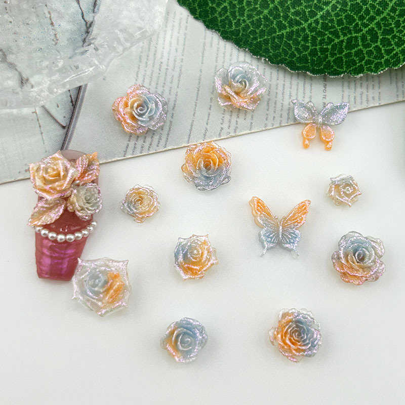 新款敦煌色系双色晕染玫瑰花软陶美甲饰品夜光蝴蝶美甲素材包批发