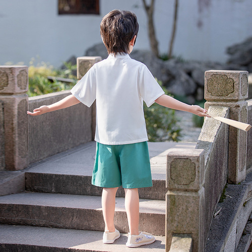 Children's summer short-sleeved Hanfu suit, boy's Tang suit performance suit, baby's western style Chinese style ethnic retro