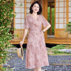 ママの夏スタイルシフォンドレス、中高年女性向け、新しい中国風スリムお腹カバーロングスカート