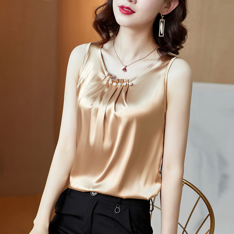 Summer Round Neck Camisole Women's Ice Silk Satin All-match Outer Wear Top with Small Suit Inner Base Shirt