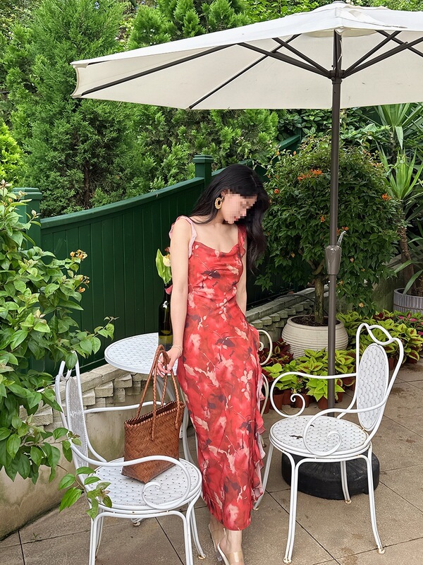 Red Georgette Floral Print Draped Collar Spaghetti Strap Dress for Women with Wavy Hem, Tie-Up Long Dress with Slit, Sexy Spaghetti Strap Dress Red Georgette Floral Print Draped Collar Spaghetti Strap Dress for Women with Wavy Hem, Tie-Up Long Dress with Slit, Sexy Spaghetti Strap Dress