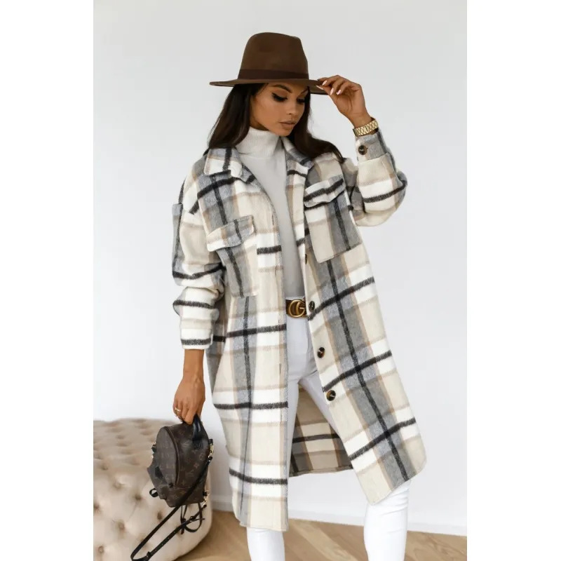 Cross-Border European and American Amazon Autumn and Winter New Women's Long-Sleeved Plaid Printed Mid-Length Woolen Coat for Women Trendy