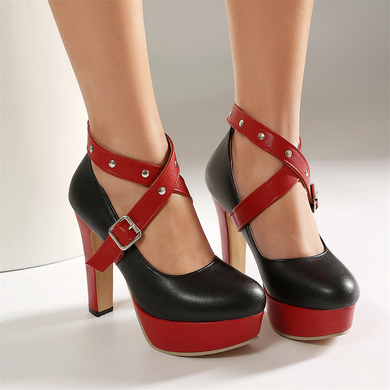 Cross-Border Foreign Trade Women's Shoes, Color-Blocked Waterproof Platform High Heels, Women's Cross-Strap Chunky Heel Mary Jane Shoes, Fashionable Single Shoes Cross-Border Foreign Trade Women's Shoes, Color-Blocked Waterproof Platform High Heels, Women's Cross-Strap Chunky Heel Mary Jane Shoes, Fashionable Single Shoes